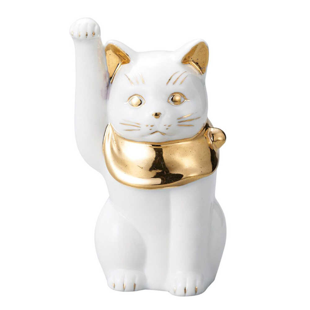 【ふるさと納税】【瀬戸焼】江戸猫 4寸手長 ホワイト 本金 右手上げ 13cm 化粧箱入り【スズカ】 / 招き猫 インテリア 雑貨 置き物 開運 / 瀬戸市 [BBDJ003]