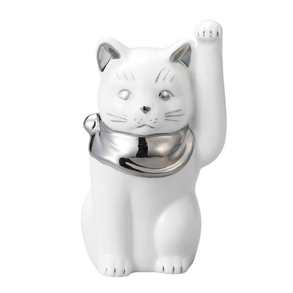 【ふるさと納税】【瀬戸焼】江戸猫 4寸手長 ホワイト プラチナ 左手上げ 13cm 化粧箱入り【スズカ】 / 招き猫 インテリア 雑貨 置き物 開運 / 瀬戸市 [BBDJ004]