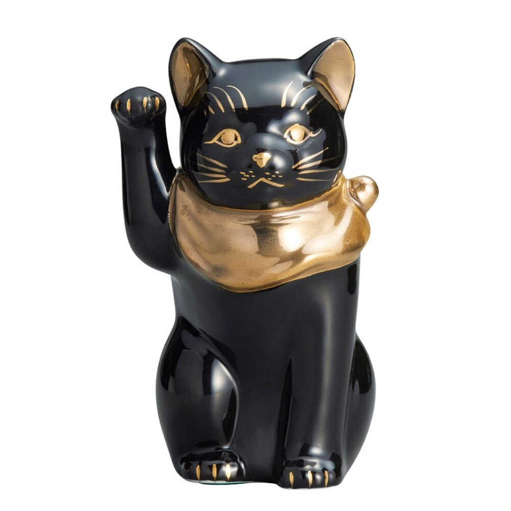 【ふるさと納税】【瀬戸焼】江戸猫ブラック 本金 右手上げ 19cm 化粧箱入り 【スズカ】 / 招き猫 金運 財運[BBDJ005]
