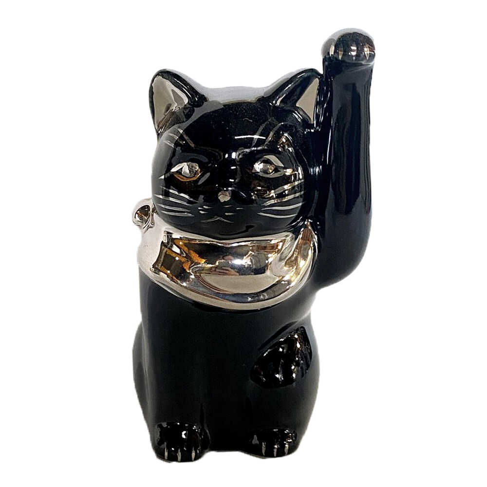 【ふるさと納税】【瀬戸焼】江戸猫 4寸手長 ブラック プラチナ 左手上げ 13cm 化粧箱入り 【スズカ】 / 招き猫 商売繁盛 幸運[BBDJ008]