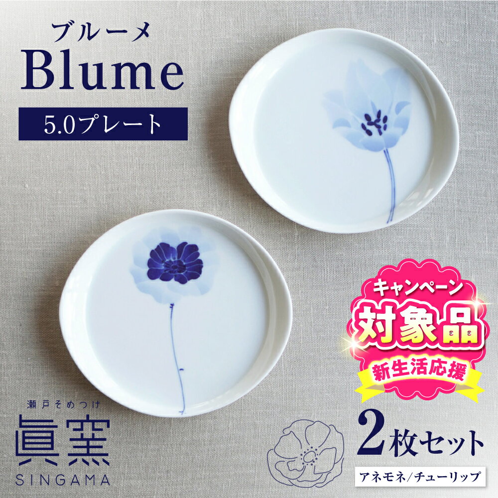 [キャンペーン対象][瀬戸焼] ブルーメ 5.0プレート 2枚セット アネモネ チューリップ [眞窯] / お皿 プレート 花柄[BBDK004]
