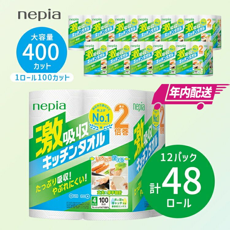 【ふるさと納税】【入金確認後2週間以内発送】【年内配送】 ネピア激吸収キッチンタオル4ロール100カット×12パック | 日用品 消耗品 生活用品 ペーパータオル キッチンペーパー キッチン用品 厚手 ストック 吸水 防災 備蓄 まとめ買い 全国 発送 一人暮らし nepia ネピア