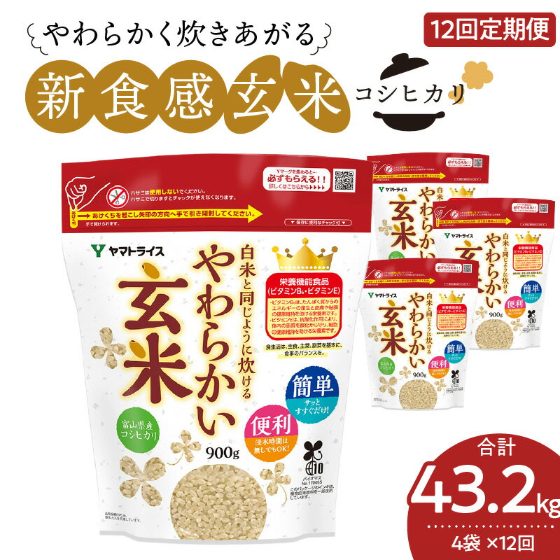 白米と同じように炊ける やわらかい玄米 定期便 12ヶ月 毎月 3.6kg (900g×4袋) 玄米 富山県産 コシヒカリ 安心安全 ヤマトライス 米 お米 栄養豊富 簡単 便利 弁当 おにぎり 食品 食べ物 お取り寄せ 送料無料