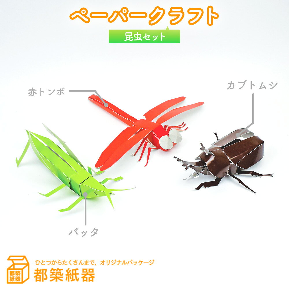 ペーパークラフト 昆虫セット 説明書付 ／ 昆虫セット カブトムシ ショウリョウバッタ 赤トンボ 紙工作 玩具 工作キット 虫 子ども 遊び No.128
