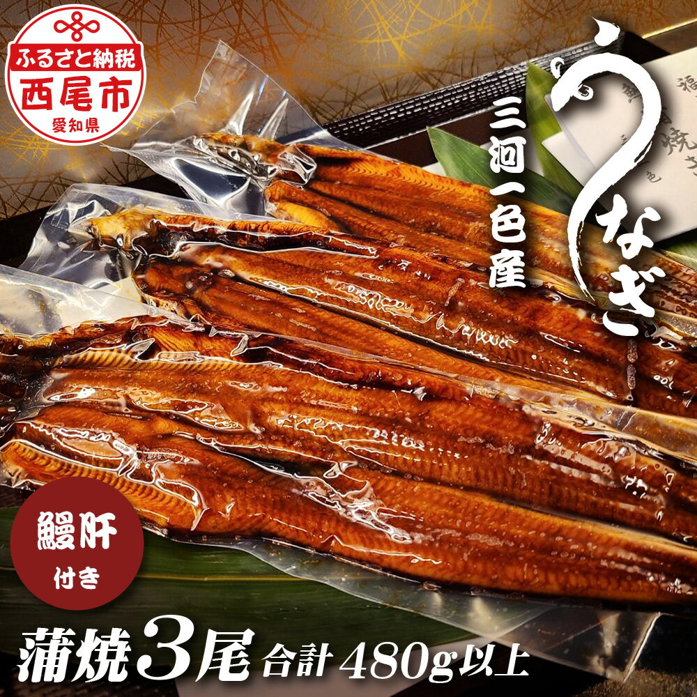 【ふるさと納税】三河一色うなぎ【蒲焼3尾（合計480g以上）】鰻肝付き F011-24【冷凍便】 蒲焼き 惣菜 国産うなぎ ウナギ 鰻 愛知県産 西尾市産 西尾一色産 タレ付き たれセット かば焼き MB