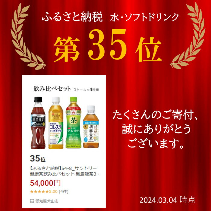 【ふるさと納税】【2024年4月30日終了予定】54-8_サントリー 健康茶飲み比べセット 黒烏龍茶350ml＆伊右衛門プラスコレステロール対策500ml＆おいしい糖質対策500ml＆胡麻麦茶350ml（各1ケース×4種類）｜ トクホ 特保 特定保健用食品 黒烏龍茶 体脂肪 血圧 ペットボトル