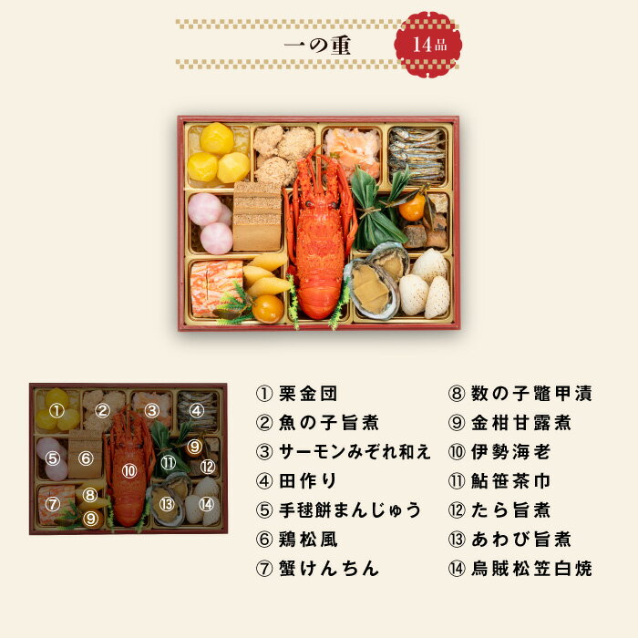 【ふるさと納税】千賀屋 謹製 2026年 迎春 おせち料理 慶福 和風 三段重 3 〜 4人前 全35品 冷蔵 伊勢海老 紅鮭 鯛 あわび 数の子 田作り 昆布巻き 伊達巻 黒豆 栗金団 紅白蒲鉾 煮〆 解凍不要 年末 年内 配送 先行予約 祝箸付き お取り寄せ 愛知県 小牧市 送料無料