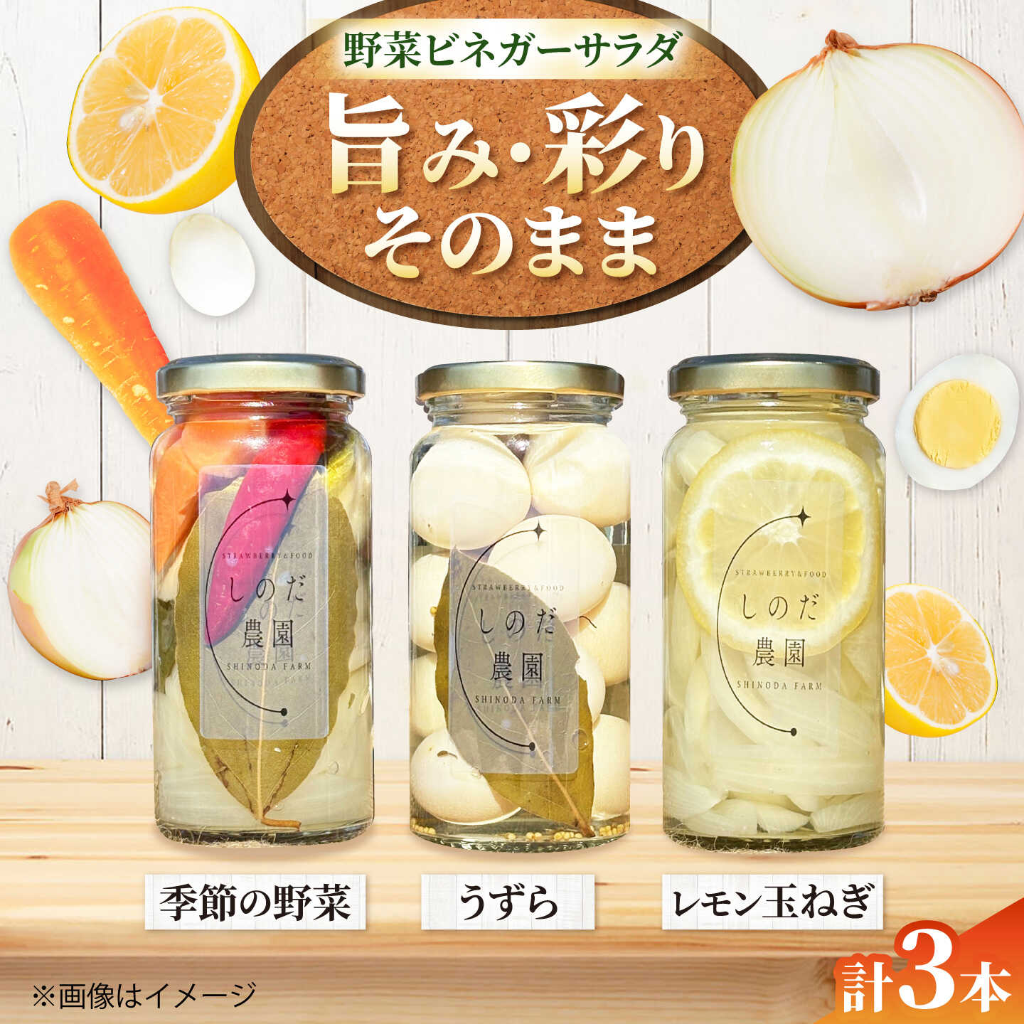 【ふるさと納税】野菜ビネガーサラダ 3本（うずら・季節の野菜・レモン玉ねぎ） ビネガーサラダ 常備菜 おかず 愛西市 / しのだ農園-SHINODA FARM-[AECE009]
