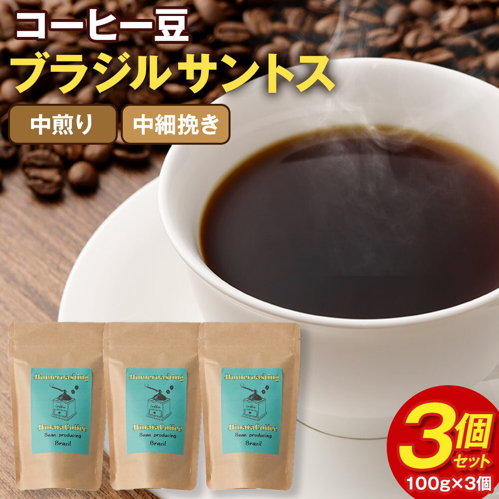 コーヒー豆 3個セット (100g×3個) 合計300g ブラジル サントス 中煎り 中細挽き ミディアムロースト ギフトBOX付き コーヒー 珈琲 自家焙煎 ひなた珈琲 幸田町 送料無料