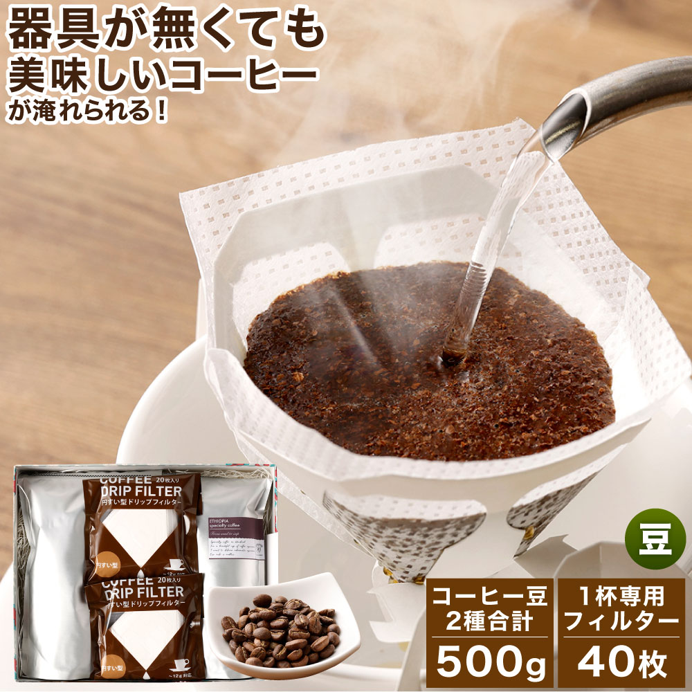 コーヒー豆&フィルター付きスターターセット 豆 250g×2袋 合計500g 1杯専用 コーヒーフィルター 20枚×2パック 計40枚入り コーヒー 珈琲 スペシャルティコーヒー 2種 セット 送料無料