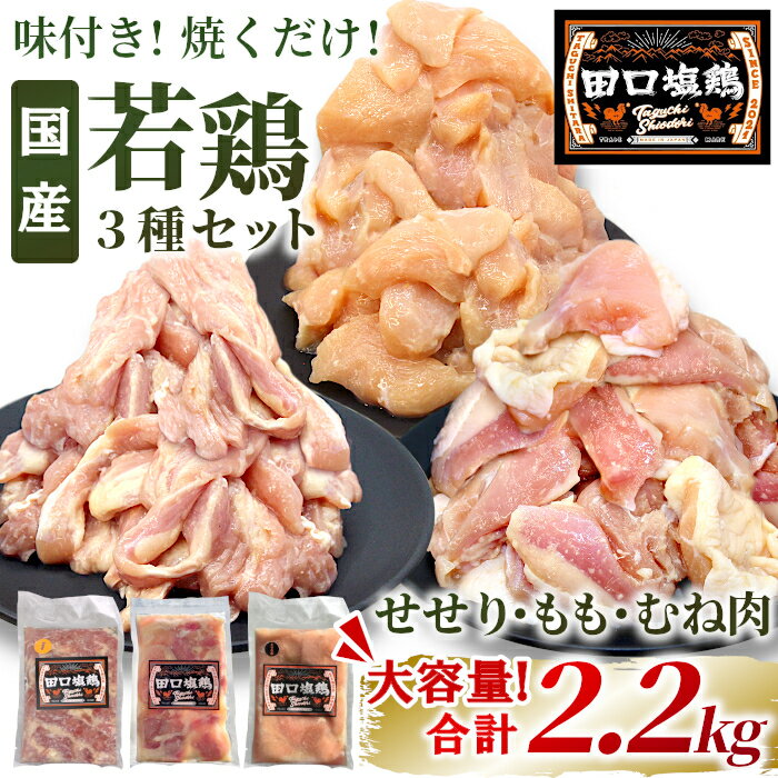 奥三河どり 錦爽どりを使用! 国産 若鶏味付け肉 3種セット 2.2kg(もも肉300g×4・むね肉300g×2・せせり200g×2)せせり もも むね 塩ダレ 味付け肉 鶏肉 鶏 肉 キャンプ バーベキュー 大容量 地鶏 焼肉 焼き鳥 田口塩鶏 若鶏 20000円 20,000円 -172