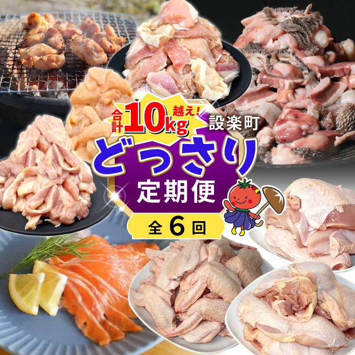 [全6回 どっさり定期便]合計10kg越え!! もも肉 サーモン 手羽先 むね肉 せせり肉 ホルモンミックス 鶏肉 魚介 大容量 大家族 ストック パーティー 愛知県 設楽町-306