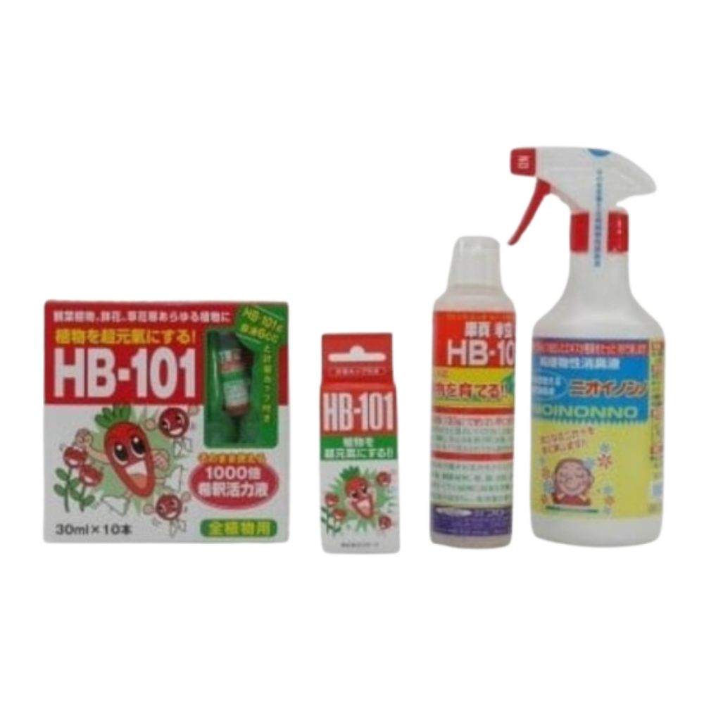 おためしセット HB-101 15cc × 1 本 顆粒HB-101 130g × 1 個 HB-101の1000 倍稀釈活力液 30ml×10 本入×1箱 そのまま使えるニオイノンノスプレー 500cc × 1 本 活力液 無農薬 農業 家庭菜園 天然栄養液 肥料 消臭