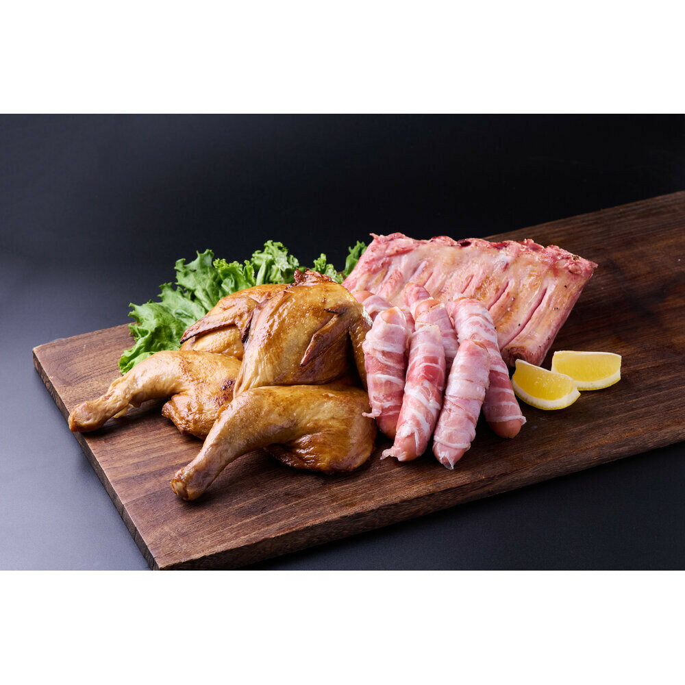 【ふるさと納税】田彦スモークセット<極>(バックリブ約400g・半丸約800g・ベーコン巻きウインナー約600g)