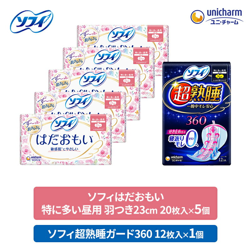 【ふるさと納税】輝く女性応援 セット (昼夜ふんわりタイプ) 日用品 生理用品 敏感肌にやさしい ソフィ はだおもい 特に多い昼用 超熟睡ガード360 羽つき ナプキン ギャザー付き 朝まで安心 ユニ・チャームのサムネイル