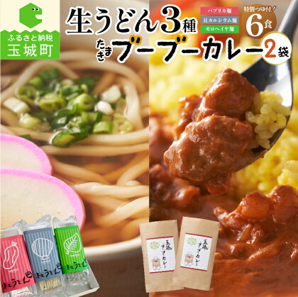 ギフト カレー うどん 贈答用 プレゼント オリジナル箱 生うどん カルシウム モロヘイヤ パプリカ 3種 150g 2食 計6食 玉城ブーブーカレー 2個 本格派 ご当地 栄養 ビタミン つるつる 家庭用 特製 ざるうどん 鍋焼きうどん 三重県 玉城町 さんておーる食堂