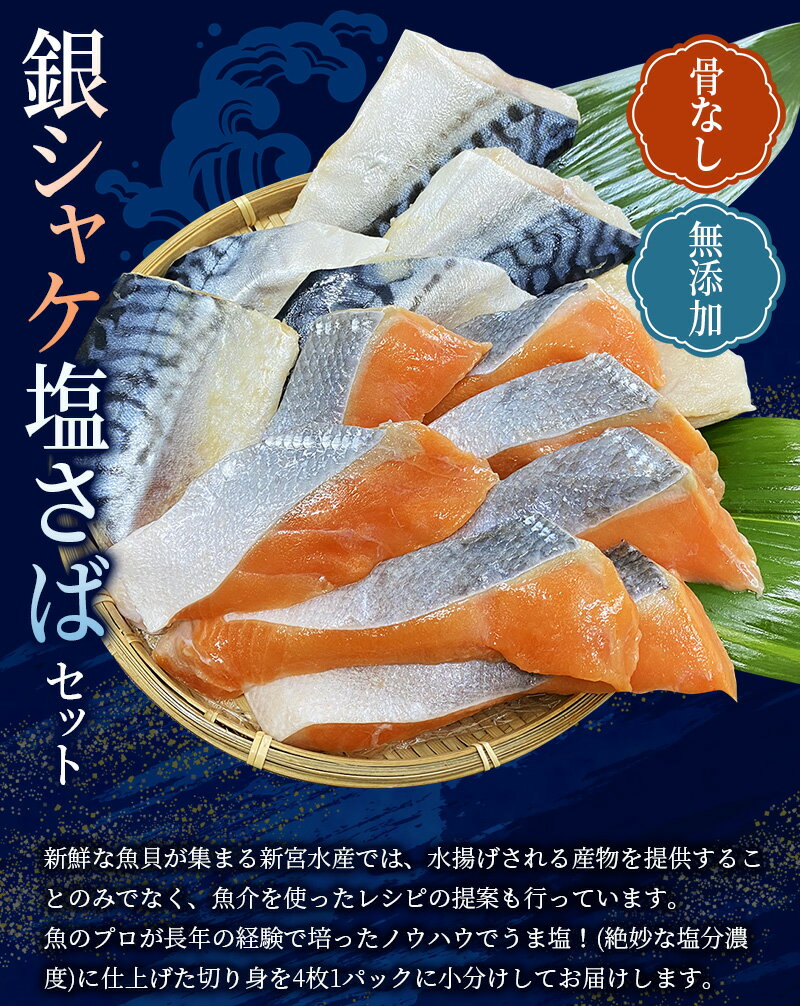 【ふるさと納税】骨なし 無添加 銀シャケ切身と塩さばのセット！選べる容量 計8枚～24枚 定期便 アリ 3ヶ月 6ヶ月 12ヶ月 / サケ 鮭 シャケ サバ 塩サバ 冷凍 おかず 魚 お魚 魚介 海鮮 安心 人気 大容量 小分け ごはんのお供 ふっくら やわらか 美味しい 焼き魚