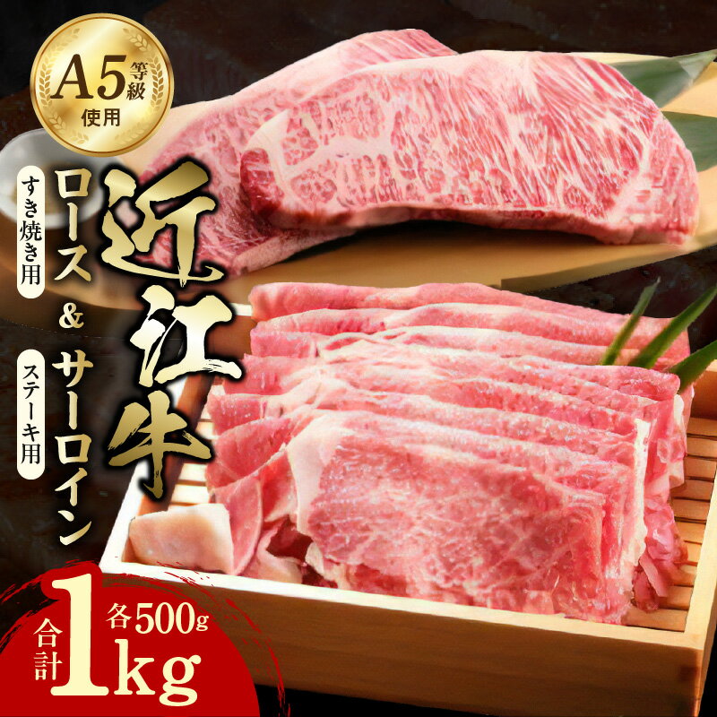近江牛 A5 ロース すき焼用 500g たれ付き 霜降り 牛肉 旨み とろける サーロイン ステーキ 250g×2枚 ステーキ醤油 岩塩 あら切りわさび付き セット 計1kg 和牛 国産牛 個別包装 食べやすい ご自宅用 お取り寄せ グルメ 滋賀県 守山市 送料無料