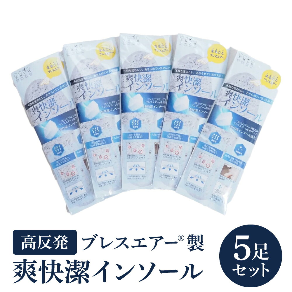 高反発ブレスエアー&reg;製「インソール」5足セット 日本製 近江化成工業株式会社 滋賀県 東近江市 A-G22 洗える 蒸れない 抗菌 防臭 足ムレ対策 水虫予防 立ち仕事 足裏快適 高通気 衝撃吸収 スニーカー ブーツ 安全靴 革靴