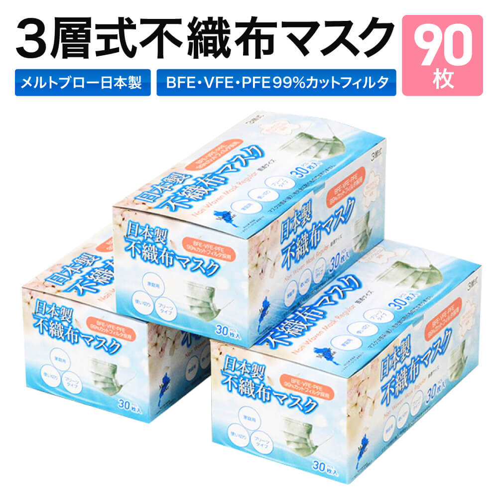 【ふるさと納税】 3層不織布マスク約3カ月分(90枚) 可愛く耳が痛くなりにくい耳紐 国産 大容量 まとめ買い プリーツ 女性 男性 子供 使い捨てマスク 不織布マスク 楽天 返礼品 寄付 お歳暮 お祝い 贈り物 故郷納税 滋賀県 東近江 近江 A06 小川良株式会社