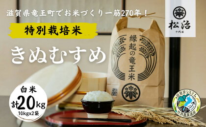 きぬむすめ 白米 10kg x 2袋 縁起の竜王米 特別栽培米 ( 令和5年産 ブランド米 白米 20kg おこめ ご飯 270年続く お米 農家 ライス 環境 こだわり米 農家直送 ギフト 国産 滋賀県 竜王町 ふるさと納税 )