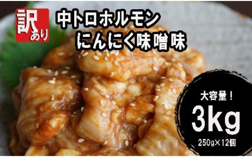 【 訳あり 】 中トロ ホルモン 3kg(250g×12) にんにく 味噌味 焼肉 ホルモン焼き 不揃い シマ腸 シマチョウ 小腸 おつまみ 味噌 味付 小分け 冷凍 牛 内臓 肉