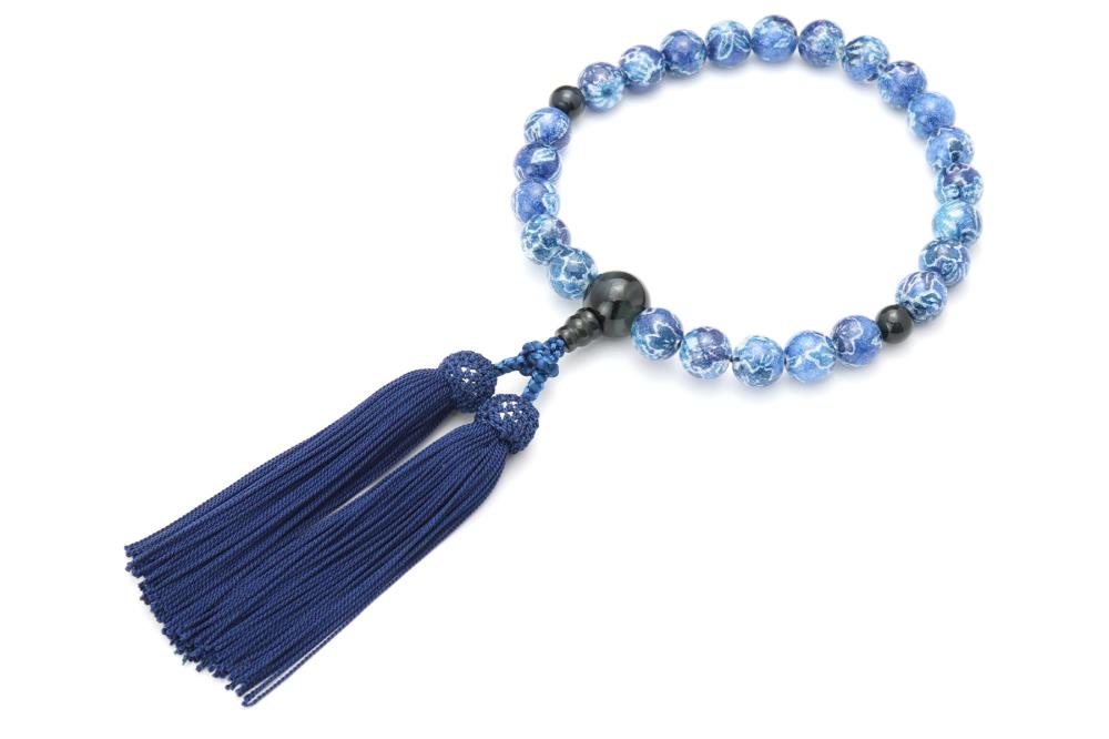 【ふるさと納税】【京念珠×京ちりめん】青虎目石 数珠袋付き ブルー【土屋念珠店/男性用/メンズ/数珠/略式/仏具】