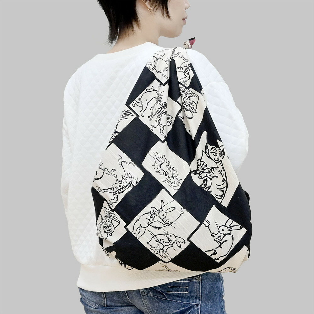 【ふるさと納税】【三陽商事】鳥獣戯画 両面風呂敷 市松柄(黒×ピンク)［ 京都 風呂敷 ふろしき バッグ 人気 おすすめ エコ おしゃれ 収納 お弁当 和柄 お取り寄せ 通販 送料無料 ふるさと納税 ］