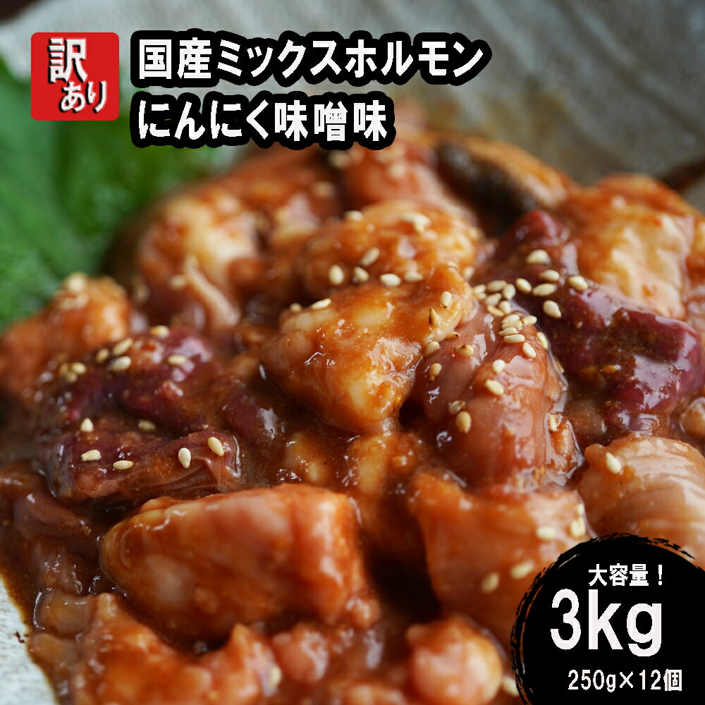 【ふるさと納税】 【 訳あり 】 国産牛 ミックスホルモン 3kg (250g×12) にんにく 味噌味 ミックス ホルモン 焼き 焼肉 味付 小分け 冷凍 味噌だれ 不揃い おつまみ 国産 牛 肉 幸福亭