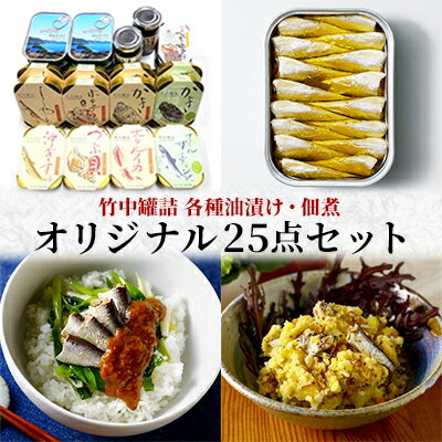 竹中罐詰 オリジナルセット (25点詰め合わせ オイルサーディン含む) 加工食品 魚貝類 オリジナルセット 詰め合わせ 缶詰 佃煮 いわし 子持ちししゃも 燻製 かき ホタルイカ つぶ貝 国産 酒の肴 おつまみ 酒のつまみ 人気返礼品　【宮津市】