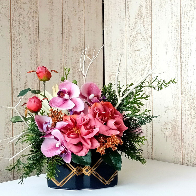 アートフラワー 胡蝶蘭の和風アレンジ 新しい年を迎えるアレンジ 置物 造花 可愛い インテリア ギフト プレゼント フラワーアレンジメント 花束 花 リビングインテリア お手入れ不要 玄関飾り おしゃれ フェイクフラワー 造花アレンジメント