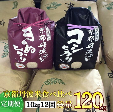 【ふるさと納税】【定期便】1年間 京都丹波米の定期便　総量120kg（毎月10kg（5kg×2）×12回）　こしひかり・きぬひかりセット　※精米したて ※初回14日以内に発送 ※北海道・沖縄・離島への配送不可≪京都 丹波 白米 受注精米 お試し 2019 2020新米 食べ比べ≫