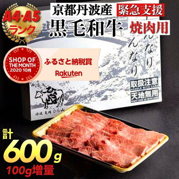 【ふるさと納税】【緊急支援】丹波亀岡 京の肉 ひら山厳選 京都府産黒毛和牛(A4,A5) 焼肉 用 500g＋100g増量 【計600g】≪和牛 牛肉 亀岡牛 京都肉 国産 京都 丹波産≫☆月間MVPふるさと納税賞 第1号（2020年10月）・SDGs未来都市亀岡