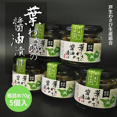 名称葉わさびの醤油漬け内容量葉わさびの醤油漬け（70g）瓶詰め ×5個 原産地：南丹市美山産原材料葉わさび（南丹市美山町芦生産）、しょう油（大豆・小麦を含む）、味りん、酒、食酢、昆布（国産）、鰹節（国産）賞味期限製造から冷凍で365日保存方法開封後は冷蔵し10日以内にお召し上がりください。わさびの辛みはフタをすることで保持できます。製造者芦生わさび生産組合京都府南丹市美山町芦生坂尻3販売者芦生わさび生産組合 京都府南丹市美山町芦生坂尻3事業者芦生わさび生産組合配送方法冷凍配送お届け時期※2024年4月中旬より配送いたします。備考※画像はイメージです ※賞味期限は製造から冷凍で365日 ※開封後は冷蔵庫にて保管し、10日以内にお召し上がりください。 ※発送は2024年4月中旬より開始 ・ふるさと納税よくある質問はこちら ・寄附申込みのキャンセル、返礼品の変更・返品はできません。あらかじめご了承ください。【ふるさと納税】葉わさびの醤油漬け 瓶詰 5個 セット 詰め合わせ 葉わさび 醤油漬け わさび ワサビ ご飯のお供 山菜 おつまみ つまみ 漬物 漬け物 京都　【 南丹市 】　お届け：※2024年4月中旬より配送いたします。 新春の柔らかな新芽のみ使用 本製品は芦生原生林に近い畑で生産された葉わさびの新春の新芽のみ使用しています。 新春の新芽には清々しい香りと辛みがあり、柔らかく、最もおいしいとされています。 芦生伝統の「わさび祭」で、祭神と住民が食べるわさび漬けの味をベースに、「美山の才腕」岡本真也氏（東山ゆう豆料理長）に監修していただいた製品です。 炊き立てのご飯に、お酒のお供にどうぞ。 寄附金の用途について ふるさと『南丹市』応援プロジェクト 魅力的なまちづくりプロジェクト こどもたちの未来プロジェクト 地域の活性化プロジェクト（特定の行政区・地域団体の支援） 地域の活性化プロジェクト 受領証明書及びワンストップ特例申請書のお届けについて ■ワンストップ特例について ワンストップ特例をご利用される場合、1月10日までに申請書が当庁まで届くように発送ください。 マイナンバーに関する添付書類に漏れのないようご注意ください。 ダウンロードされる場合は以下よりお願いいたします。 URL：https://event.rakuten.co.jp/furusato/guide/onestop/