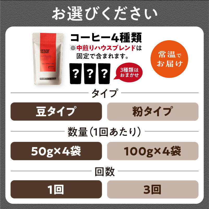 【ふるさと納税】 中山珈琲焙煎所 自家焙煎コーヒー 店主おまかせ4種類 選べるタイプ（豆or粉）選べる内容量（50g×4袋、100g×4袋）選べる回数（1回、3回） コーヒー豆 珈琲 コーヒー コーヒー粉 京都府 木津川市