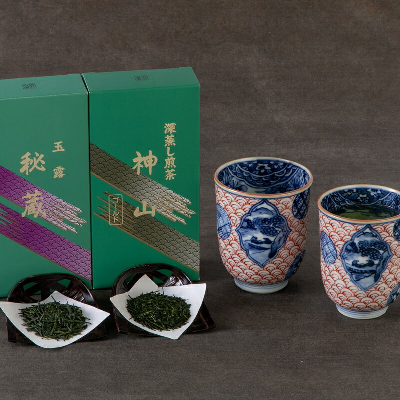 【ふるさと納税】宇治茶2種と清水焼山水組湯呑（宇治煎茶100g、宇治玉露100g、湯呑大、小）　〈お茶 茶 煎茶 緑茶 茶葉 高級 玉露 宇治 湯呑 工芸品 セット 木箱 飲料 食器 加工食品〉　【お茶 緑茶 工芸品 食器 湯呑】