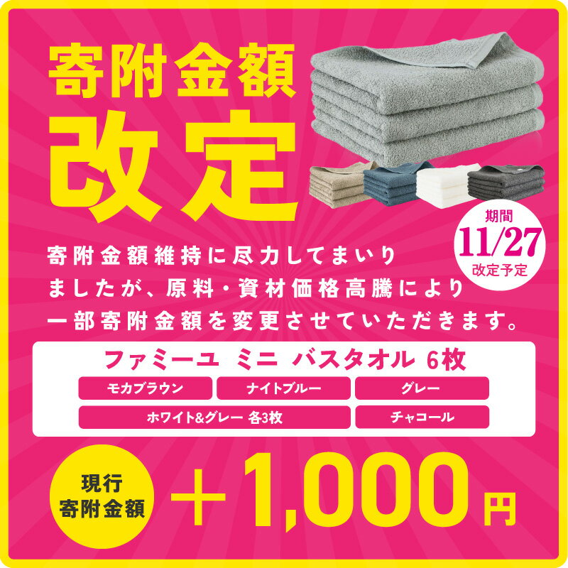 【ふるさと納税】11/27～寄附額改定 ファミーユ ミニ バスタオル 6枚 セット 選べる カラー モカブラウン / ナイトブルー / グレー / チャコール / ホワイト&グレー 日本製 タオル 泉州タオル 綿100% 中厚 無地 速乾 吸水 日用品 最短 翌日発送 5営業日 泉佐野市 送料無料