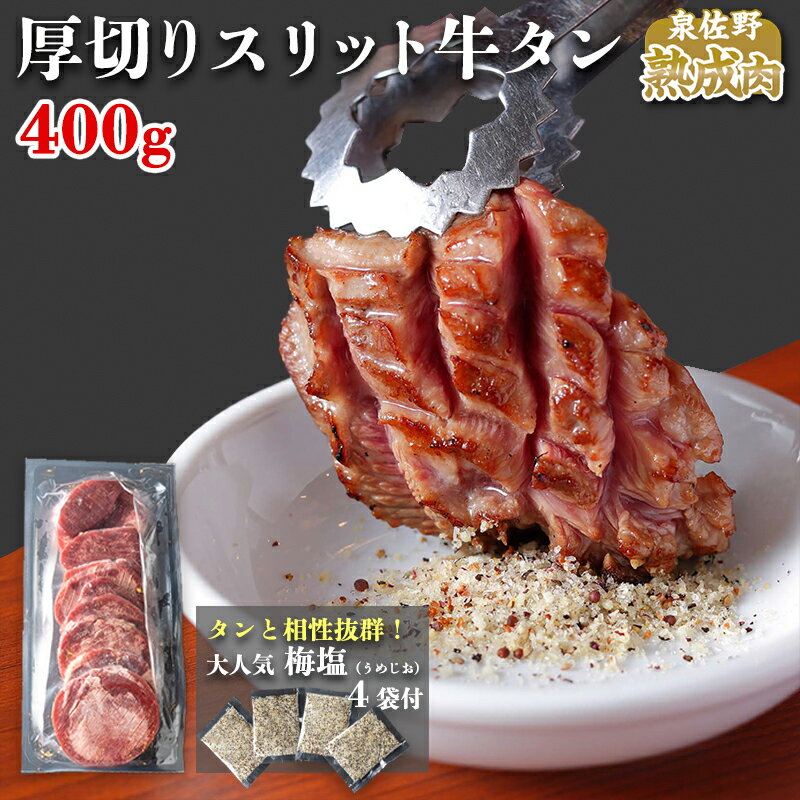 【ふるさと納税】厚切りスリットタン 400g（人気のオリジナル梅塩60g付） ※ 熟成肉 牛肉 精肉 お肉 牛たん 牛タン 焼肉用 切り目入り 肉厚 食べ応えあり 冷凍 厚切りタン