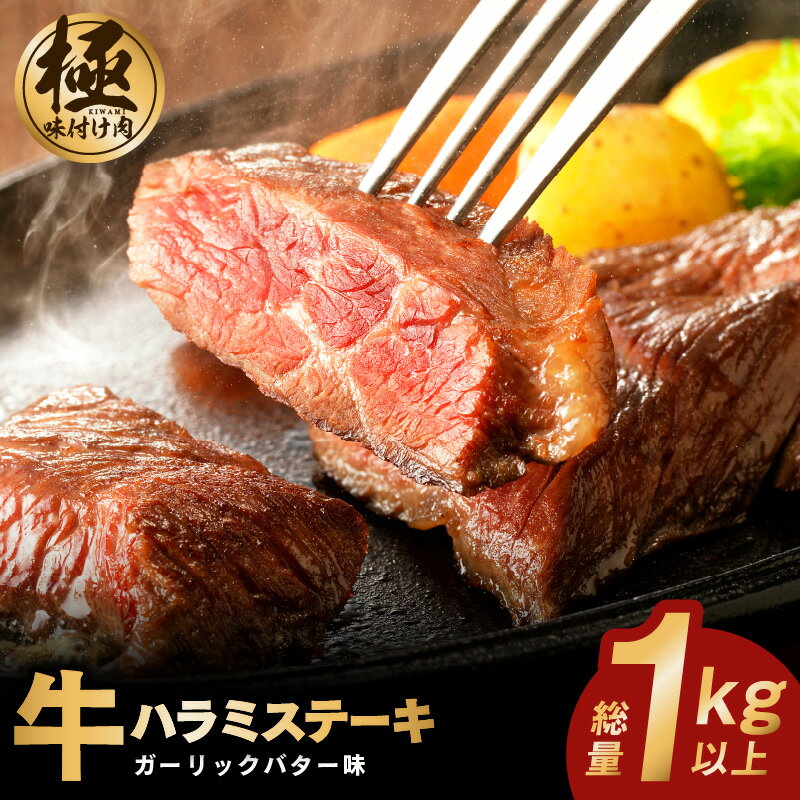 【ふるさと納税】訳あり 牛ハラミ ステーキ 1kg ガーリックバター味 小分け 100g × 10 厚切りカット 牛肉 肉 牛 ハラミ ジューシー 焼肉 バーベキュー BBQ 柔らか 濃厚 食べやすい 食品 お取り寄せ グルメ 冷凍 元気商店 大阪府 泉佐野市 送料無料のサムネイル