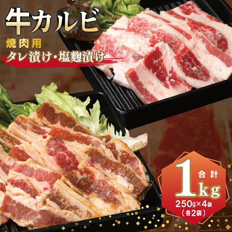 【ふるさと納税】牛カルビ 焼肉用 タレ漬け 塩麹漬け 250g × 各 2袋 合計 1kg 味付け 小分け 焼くだけ 簡単調理 BBQ 焼肉 生姜醤油 特製タレ 塩麹 牛肉 カルビ 冷凍 肉の泉佐野 お取り寄せ お取り寄せグルメ 泉佐野市 送料無料