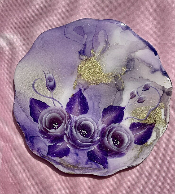 一点限り トールペイント丸コースター (レジン絵画)[紫バラ/0008][0678]