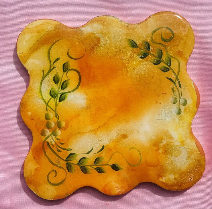 一点限り トールペイント四角コースター (レジン絵画)[ボタニカル柄オレンジ/0012][0682]