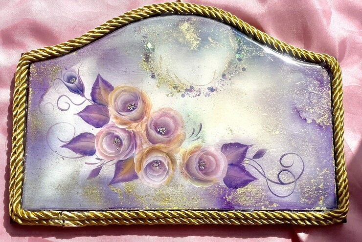 一点限り トールペイント飾りプレート (レジン絵画)[紫薔薇/0014][0684]