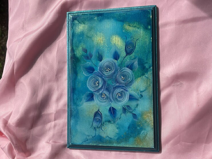 一点限り トールペイント飾りプレート (レジン絵画)[青薔薇/0016][0686]