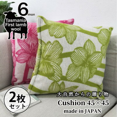 【ふるさと納税】【2個セット】やわらかラムウール混 北欧調クッション 45×45cm (ピンク1枚・グリーン1枚)【1526734】