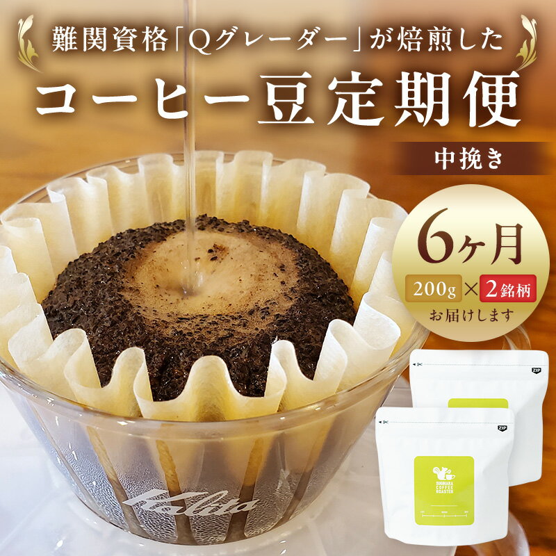 コーヒー豆定期便200g×2銘柄 6ヶ月定期便(中挽き)[コーヒー 毎月旬な2種類のコーヒー 半年間 焙煎士 ドイツ製のこだわり焙煎機で焼いた豆 酸味 苦味 風味 コク 大阪府 門真市 ]