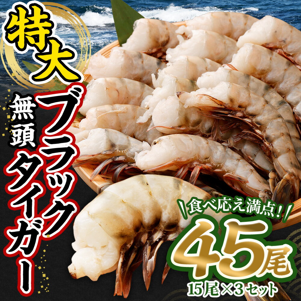 【ふるさと納税】特大 ブラックタイガー 無頭 えび 45尾 15尾×3セット 冷凍 冷凍エビ 特大エビ エビ 海老 殻付き エビフライ 天ぷら エビチリ お取り寄せ 魚介 魚 大容量 訳あり ギフト 贈り物 贈答用 プレゼント お正月 おせち 送料無料