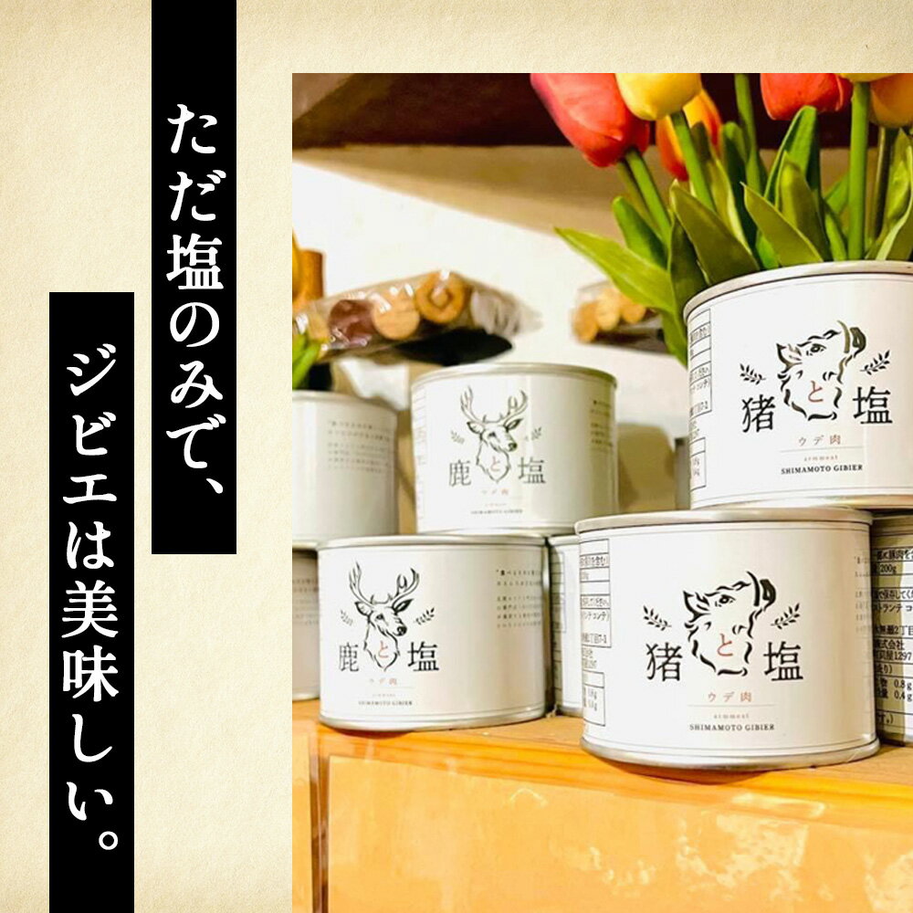 【ふるさと納税】 猪と塩　猪肉（ウデ肉）缶詰め ／ 猪肉 イノシシ肉 ぼたん肉 缶詰 ジビエ 狩猟肉 ウデ肉 塩のみ 塩漬け 肉料理 本格ジビエ 食卓 おかず 簡単調理 手軽 とろける 脂身 旨味 コク 高たんぱく タンパク質 ヘルシー 歯ごたえ 長期保存 保存食 珍味 No.130