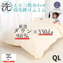 名称 羽毛布団クイーン二枚合わせ 合掛ふとん1.1kg/肌ふとん0.5kg オールシーズン対応 クリーム 発送時期 2024年5月より順次発送※生産・天候・交通等の事情により遅れる場合があります。 提供元 株式会社アネックス（忠岡町） 配達外のエリア なし お礼品の特徴 クイーンサイズ210x210cm〈合掛布団〉・〈肌布団〉がホックで1枚の冬布団に早変わり。合掛布団とは、冬用の掛布団と夏用の肌布団との間の掛布団です。肌布団は、初夏や真夏のクーラーのかかったお部屋でお休みになるときにやさしい感触がほっとします。オールシーズン対応。側生地は綿15%　ポリエステル85%。肌ざわりが良く、カサカサという生地の音も無く、とにかく軽量です。 ダウン90%・かさ高135mm。ダウンパワー330dpの羽毛を使用。〈合掛布団〉には1.1kg・〈肌布団〉には0.5kg充填しております。 5x5マス　1層立体キルト。ムラ無く全体的に均一な暖かさを保ち、からだにフィットしやすいキルトです。品質保証【3年間】日本製。 ・パワーアップ加工 ・ピーチスキン加工 ・ダウンプルーフ加工 ・立体キルト加工 ・カバー固定用ループ8ヶ所付き、ホック8ヶ所付き ・ソフトケース入り 株式会社アネックスの自社工場にて原毛をきれいに洗浄して、国内パワーアップ加工により不純物を取り除き、軽くてふっくらボリューミーな羽毛へ生まれかわりました。羽毛布団の暖かさは中身のダウンがどれだけ空気を含む事が出来るかによって決まります。同じダウン量でも、パワーアップ加工の有無で空気の含有量に大きな差が生じるため、株式会社アネックスでは断然パワーアップ加工を施した羽毛布団をオススメ致します。 ■生産者の声 クイーンサイズ210cmx210cm。かさ高135mm以上・ダウンパワー330dp以上の上質なダウン90%を贅沢に合掛布団には1.1kg・肌布団には0.5kgも使用した高品質な羽毛布団です。綿15% ポリエステル85% 国内洗浄を行い、パワーアップ加工を施しております。その為しっかりとした衛生加工で、より安心してより快適にご利用いただけます。生地にも風合いと丈夫さを重視し、とても肌触りの良い生地を使用いたしております。防臭の薬剤を添加したり、洗浄した羽毛を高温で急速乾燥すると羽毛が傷んでしまい、耐久性の心配があります。しかし、当店では、時間をかけて羽毛に優しいパワーアップ加工を施しておりますので、とてもふっくらとした羽毛に仕上がり、より快適にご使用いただけます。もちろん「抗菌・消臭」も施された清潔な羽毛ふとんに出来上がっております。どうぞ安心してご利用ください。 ■お礼品の内容について ・羽毛布団クイーン二枚合わせ　クリーム[クイーンサイズ×1 サイズ:210×210cm] 　　原産地:日本/製造地:日本/加工地:日本 ■原材料・成分 ダウン90%　合掛ふとん:1.1kg/肌ふとん:0.5kg 入り 合掛ふとんと肌ふとんをホックで留めて使用　オールシーズン使用できます。 側生地は綿15%　ポリエステル85% ■注意事項/その他 ※画像はイメージです。 ・ふるさと納税よくある質問はこちら ・寄附申込みのキャンセル、返礼品の変更・返品はできません。あらかじめご了承ください。