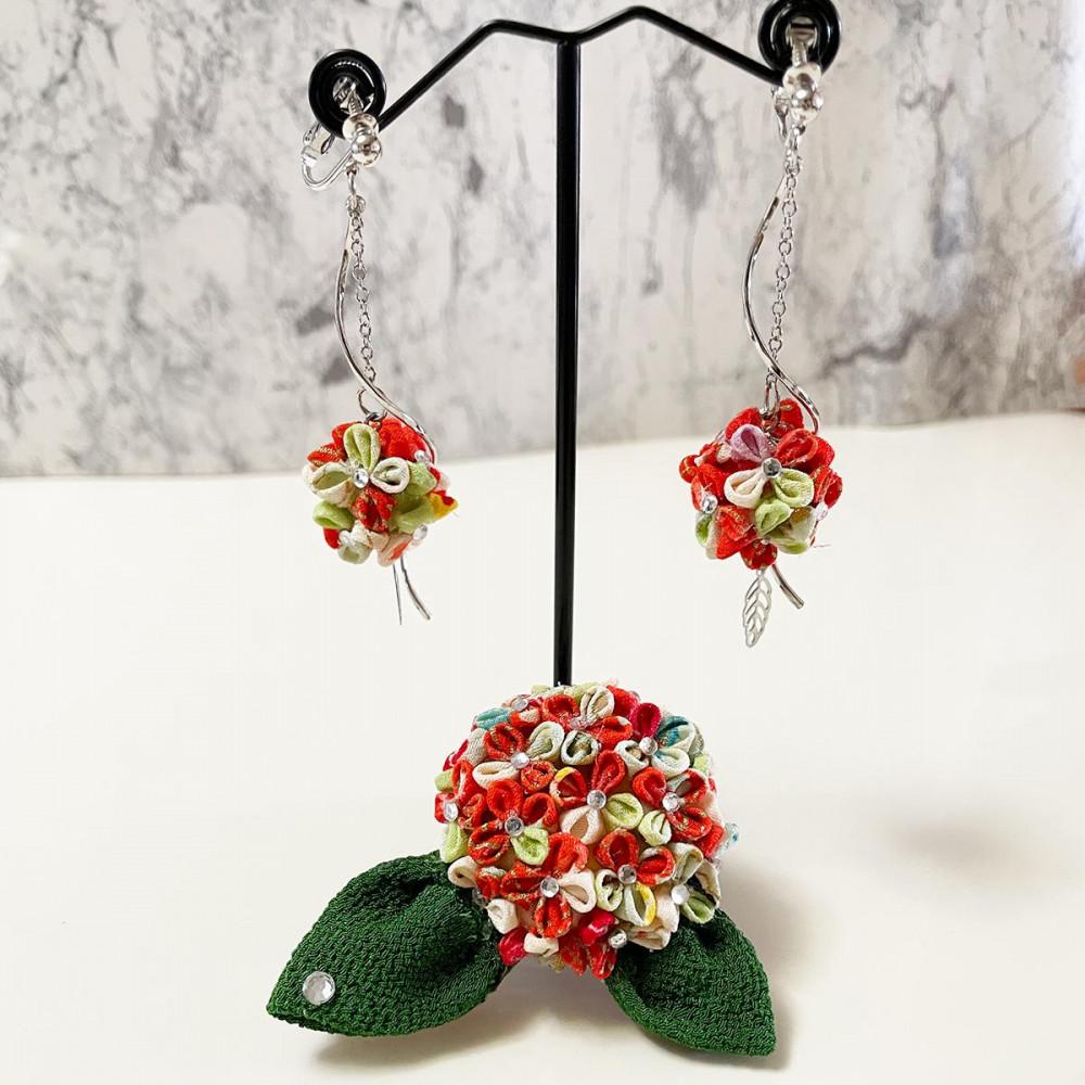 【ふるさと納税】つまみ細工 紫陽花(ハイドレンジア)イヤリング(もしくはピアス)&ブローチセット | アクセサリー 紫陽花 あじさい インテリア おすすめ 送料...